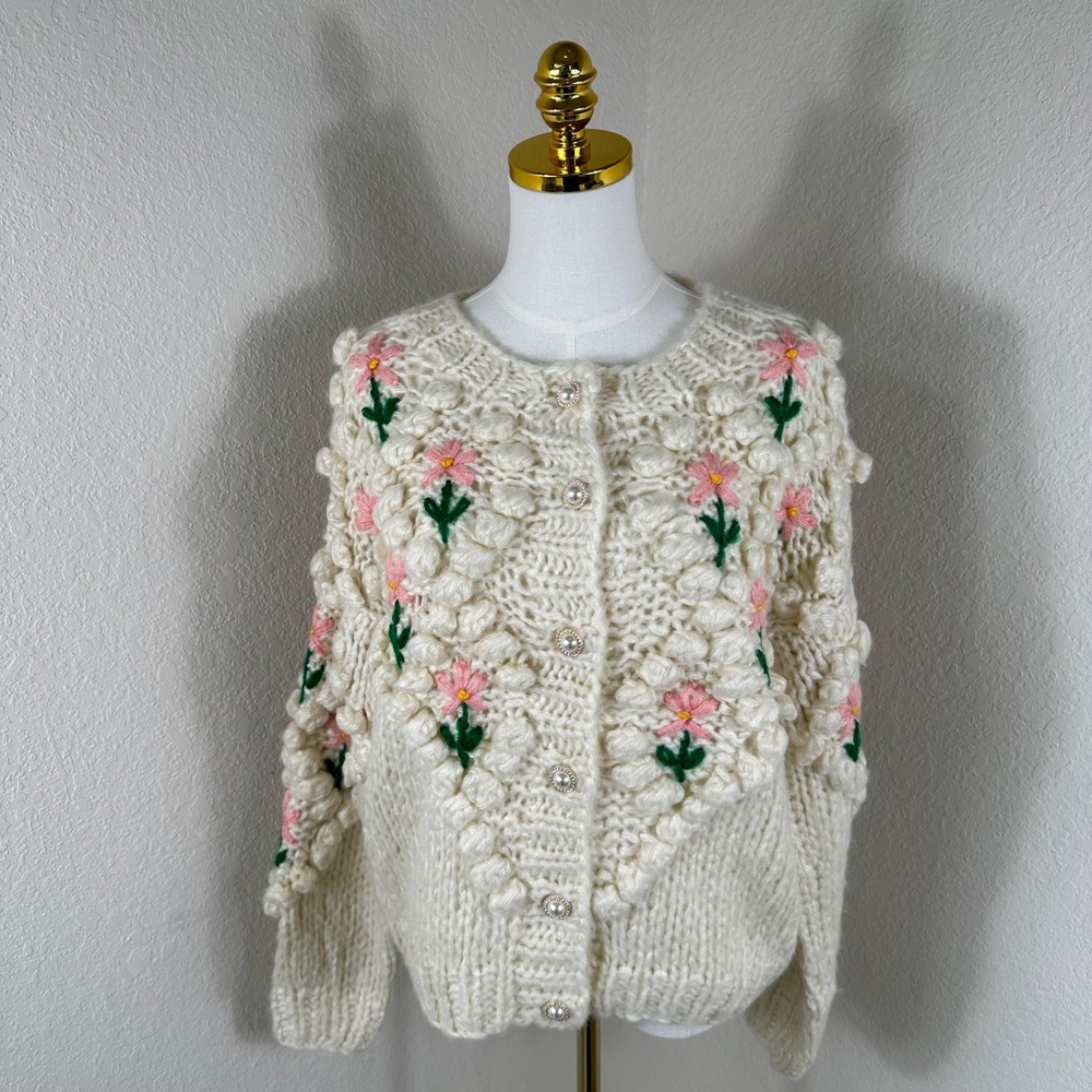 Chicwish Floral Cardigan Women S/M Cream Cottagecore Chunky Knit Sweater‎